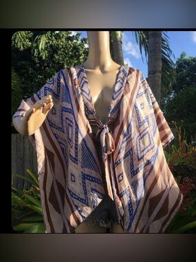 Boho Tie-Front Kimono Top in Blue and Brown